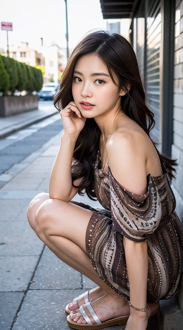 dark brown hair、light brown eyes、Japanese actress face、 lady、I'Iは彼とIが好きです'I'Iは40歳くらいです.、(intricate details:1.2)、(which one is the top?:1.4)、 (ultra high resolution:1.2)、ultra high resolution、(finely tuned)、(detailed facial features)、nffsw、8K resolution、D cup size breasts、long hair、1 girl, A look of deep sadness, (Highly detailed beautiful face), (loose dress :1.5),(bare shoulders:1.3), (highest quality:1.4), (Super detailed)、beautiful fair skin, angle from below、 open your mouth a little、Visible legs、Pose of Weakness、obscene pose、Street fashion、very sandals、cutout design、Are standing、Los Angeles cityscape、Los Angeles Streets、お尻をIの方に向けて、