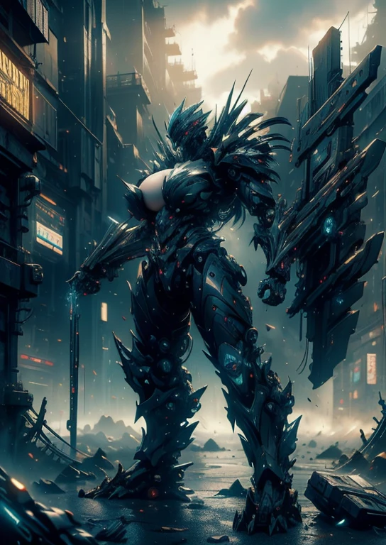 NSFW masterpiece,(best quality)Giant Cyberpunk Female Mechanical Titan,Marble prosthetic breast modified with giant mechanical structural modules,Mega Evolution Future Technology Titan,Apocalyptic cloudy sky and dilapidated underground city ruins at night,Jewelry-encrusted mechanical breast prosthesis,Marble cracked skin shell,Heavy exoskeleton fantasy technology evolution mecha,Dark fantasy art rendering,Standing on the smoky ruins,Dark swamp atmospheric fog special effects,