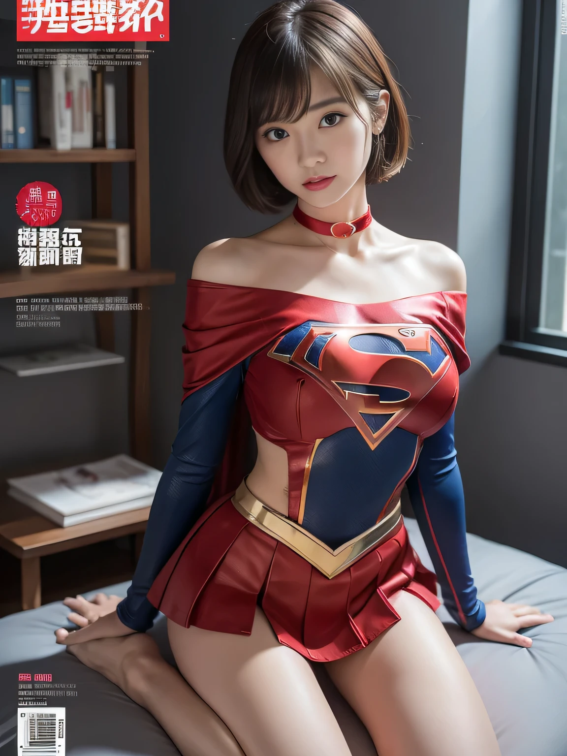 masterpiece、supergirl costume、short hair、barefoot、big and full breasts、Crisis situation、operating room、operating table、straddle、sweaty、shiny、look at the camera、provoke、Estrus、choker、Weekly magazine cover、long sleeve、red mini skirt、obscene、seductive pose、Glamorous、off shoulder、model body shape、