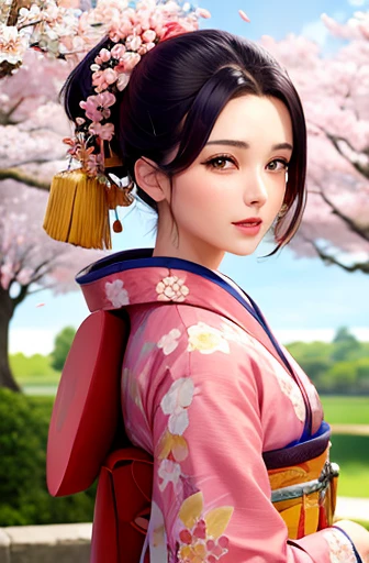 BEST QUALITY, MASTERPIECE, ULTRA HIGH RES, 4K,(Sakura Wars:1.5),(kimono:1.5), ponytail,, 1 girl, cherry blossoms, , black hair