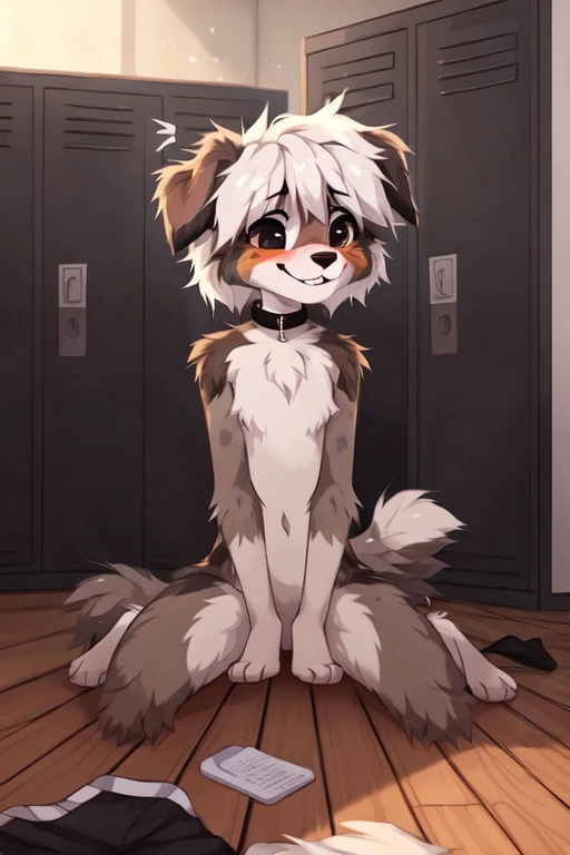 locker room, dark, beautiful illustration, ((by reysi)), Furry, ((Australian Shepard)), (solo), ((slender)), dark fur, white hair, ponytail, (()), ((female)), short, small breasts, (black mascara, ear ring, tight choker, short tail, embarassed, nervous smile, sad eyes, shaking motion lines), (nude, clothes off, clothes on the floor, laying on back, trying to cover crotch),