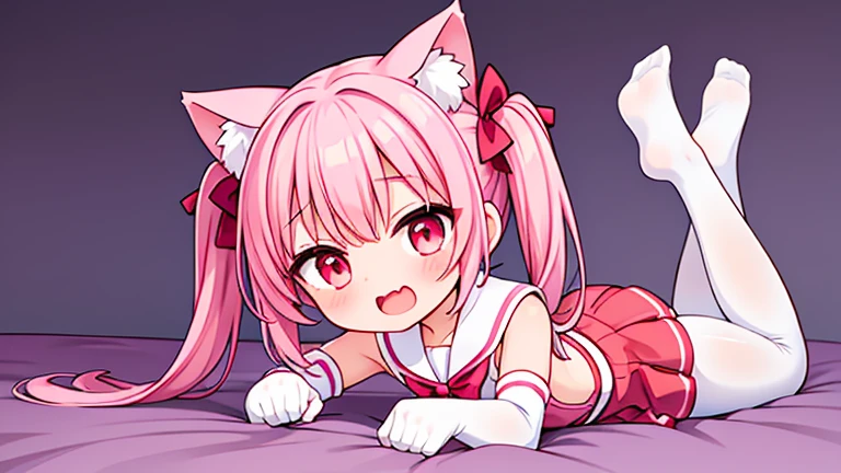 Cute li，Pink hair twintails，Cat ear，red eyes，Sailor suit，bow tie，White elbow gloves，red skirt，no shoes，white pantyhose，Open your mouth，laughing out loud，Lying down