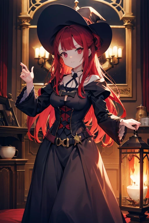 A red haired female witch with red eyes with an hourglass figure in a victorian dress is summoning a familiar
