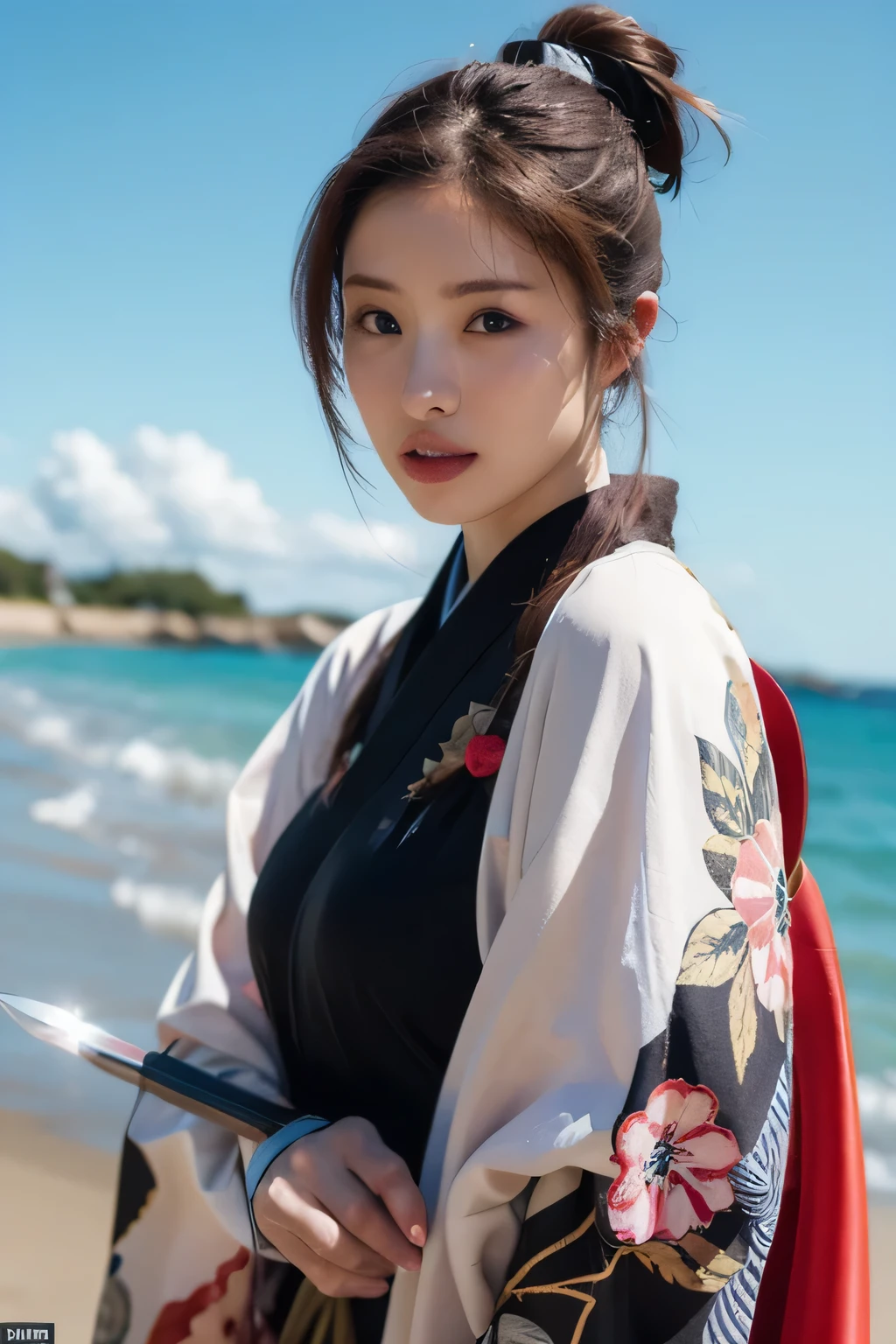 warrior,arms,armor,sword,alone,japanese armor,warrior,long hair,black hair,holding,knife,holding arms,topknot,looking at the viewer,cigarette,1 girl,hair ornaments,ponytail,sheath,black eye,holding sword,shoulder armor,Blood,male focus,Hairpin,kusazuri,sheathed,gloves,kimono,Blood splatter,Are standing,black gloves,looking to the side,cowboy shot,Wind,breastplate,realistic,high ponytail,floating hair,sheath,
highest quality,masterpiece,very delicate and beautiful,cg,unity,8k wallpaper,wonderful,finely,masterpiece,official art,very detailed cg unity 8k wallpaper,incredibly absurd,huge file size,Super detailed,High resolution,very detailed,