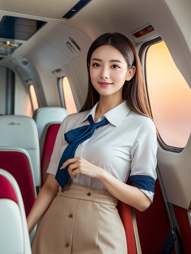 `(best quality,4k,8k,highres,masterpiece:1.2),ultra-detailed,(realistic,photorealistic,photo-realistic:1.37), HDR, UHD, studio lighting, extreme detail description, professional, vivid colors, bokeh, portraits, anime`
A beautiful Japanese woman in a flight attendant outfit gracefully stands inside a luxurious airplane cabin. Her almond-shaped eyes, radiant with elegance and expression, captivate anyone who looks into them. She has perfect balance of a nose and soft, pillowy lips, forming a serene yet inviting smile. Her face is impeccably detailed, highlighting the finest features that make her undeniably charming.
The flight attendant's uniform fits flawlessly on her slender figure, accentuating her graceful posture and adding a touch of sophistication. The uniform's colors are vibrant, with a combination of deep blue and crisp white, symbolizing trust and professionalism. The fabric texture is evident, embodying the highest standards of attention to detail.
As she stands in the airplane cabin, sunlight streams through the windows, creating a warm and welcoming atmosphere. The lighting reflects off the polished interior, giving a subtle glow to the entire space. The meticulously designed cabin is comfortable and spacious, with plush seats and elegant decor that perfectly complement the woman's beauty.
In the background, the view outside the windows showcases magnificent clouds floating peacefully in the sky, offering a sense of serenity and freedom. The colors of the sky transition smoothly from hues of soft pink to vibrant orange, creating a mesmerizing gradient that adds a touch of magic to the scene. It evokes a feeling of enchantment, as if the airplane travels through a dreamscape.
The artwork resonates with a photorealistic and anime-inspired style, blending the boundaries of reality and imagination. The attention to detail is extraordinary, with every strand of hair delicately rendered and every fold of fabric meticulously portrayed. This realism