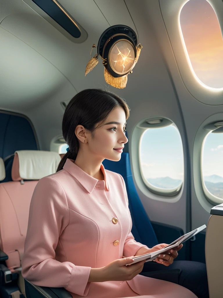 `(best quality,4k,8k,highres,masterpiece:1.2),ultra-detailed,(realistic,photorealistic,photo-realistic:1.37), HDR, UHD, studio lighting, extreme detail description, professional, vivid colors, bokeh, portraits, anime`
A beautiful Japanese woman in a flight attendant outfit gracefully stands inside a luxurious airplane cabin. Her almond-shaped eyes, radiant with elegance and expression, captivate anyone who looks into them. She has perfect balance of a nose and soft, pillowy lips, forming a serene yet inviting smile. Her face is impeccably detailed, highlighting the finest features that make her undeniably charming.
The flight attendant's uniform fits flawlessly on her slender figure, accentuating her graceful posture and adding a touch of sophistication. The uniform's colors are vibrant, with a combination of deep blue and crisp white, symbolizing trust and professionalism. The fabric texture is evident, embodying the highest standards of attention to detail.
As she stands in the airplane cabin, sunlight streams through the windows, creating a warm and welcoming atmosphere. The lighting reflects off the polished interior, giving a subtle glow to the entire space. The meticulously designed cabin is comfortable and spacious, with plush seats and elegant decor that perfectly complement the woman's beauty.
In the background, the view outside the windows showcases magnificent clouds floating peacefully in the sky, offering a sense of serenity and freedom. The colors of the sky transition smoothly from hues of soft pink to vibrant orange, creating a mesmerizing gradient that adds a touch of magic to the scene. It evokes a feeling of enchantment, as if the airplane travels through a dreamscape.
The artwork resonates with a photorealistic and anime-inspired style, blending the boundaries of reality and imagination. The attention to detail is extraordinary, with every strand of hair delicately rendered and every fold of fabric meticulously portrayed. This realism