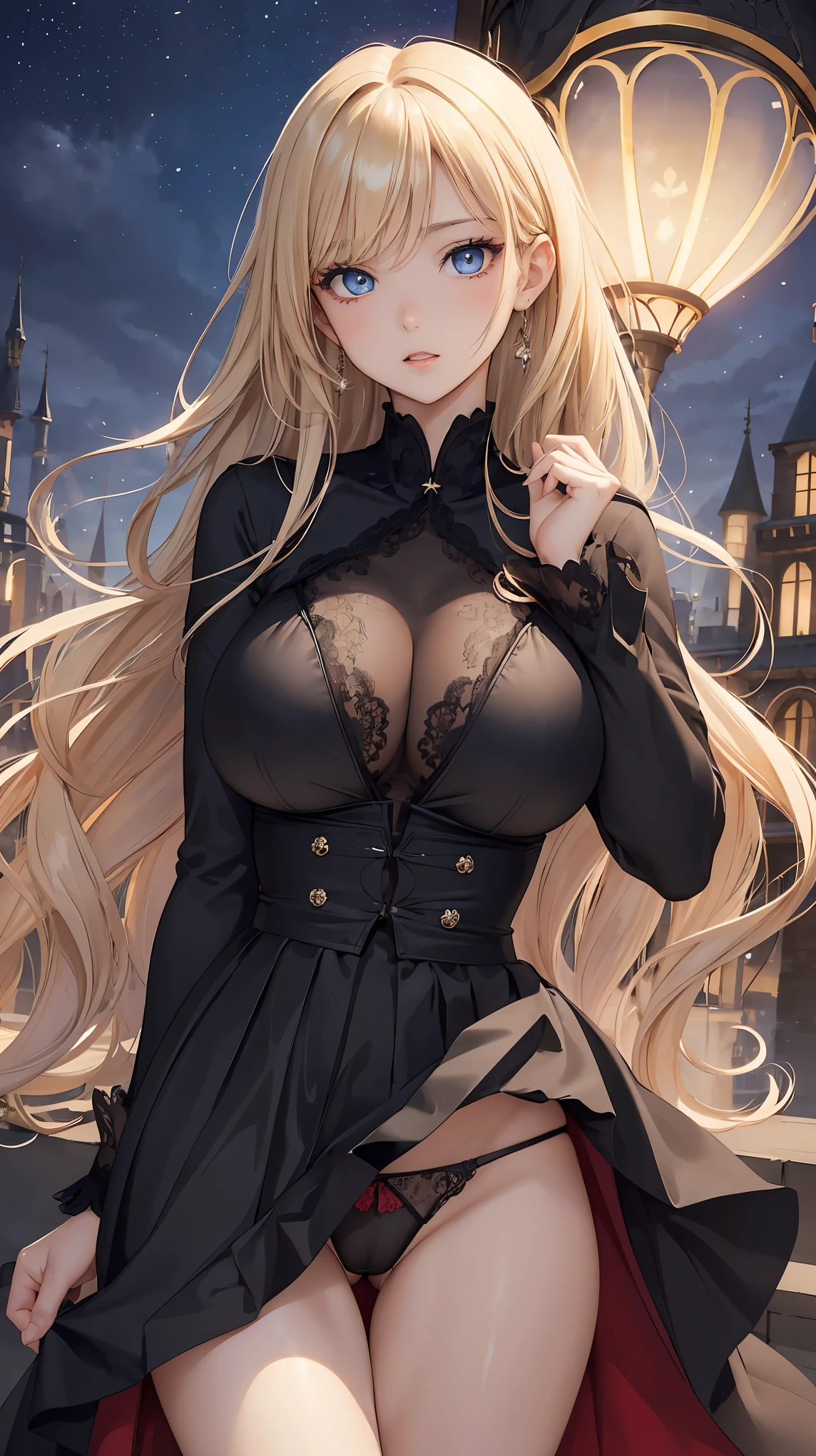 (masterpiece:1.2), (highest quality:1.2), Curvy but slender body, perfect eyes, perfect face, perfect lighting, 1 girl, long hair, curly hair, fine clothes, night, Detailed castle background, compensate, eye shadow, thick eyelashes, fantasy、whole body、Bright and beautiful face、young shiny glossy white shiny skin、the best beauty、the most beautiful bright blonde hair in the world、thin hair、super long straight hair、Shining beautiful bangs、Shining crystal clear big blue eyes、Very beautiful lovely most beautiful girl in the world、big and full breasts、a sexually excited look、((Black and red gothic dress))、((She lifts up her skirt and shows her panties))、I'm inviting you to have sex