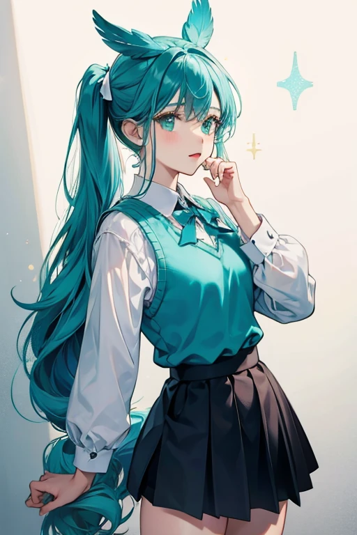 June has white feathers tied into two short pigtails, and a light teal bow on top of her head. She wears a light teal rolled-up long-sleeved shirt with a medium teal sweater vest, and a dark teal skirt. PARKLE; GLITTER
