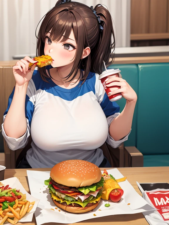 make brownhaired girl fat like 150 kg while she eating more fastfood 