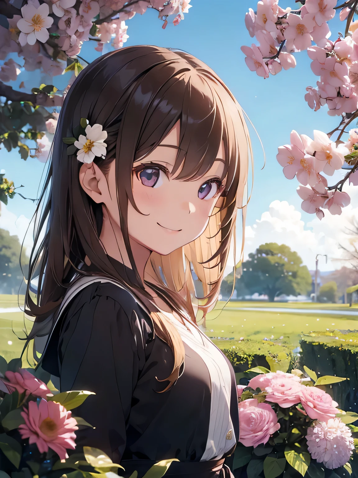 girl、fancy background、Flower background、bust shot、look at the front、smile