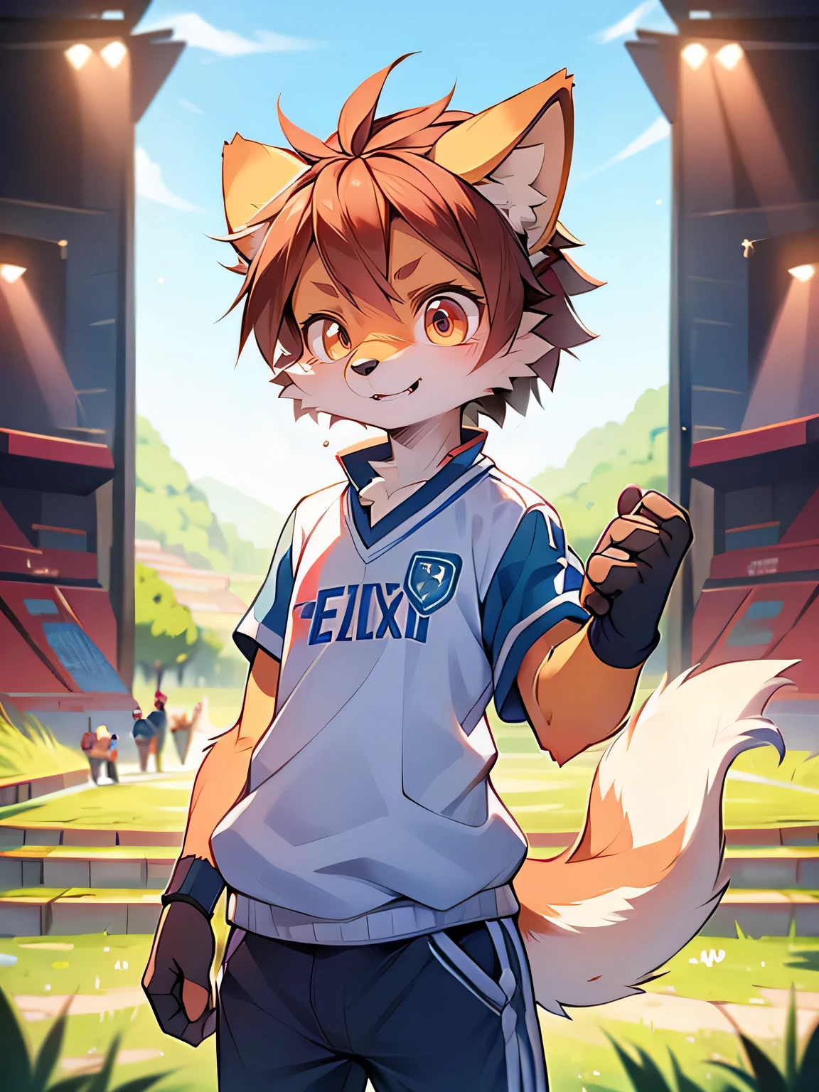 Iscra, , Star Fox, male, (detailed), Audience point of view, fluffy, alone, high resolution, realistically, (golden eyes), cute look, It looks embarrassing, ((clear structural details)), meticulous, Slim, soft, 4K, high-end, high detail, Delicate fur,,fluffy , sports student,sportswear,Expose abs,five point sweatpants,being in the grassland