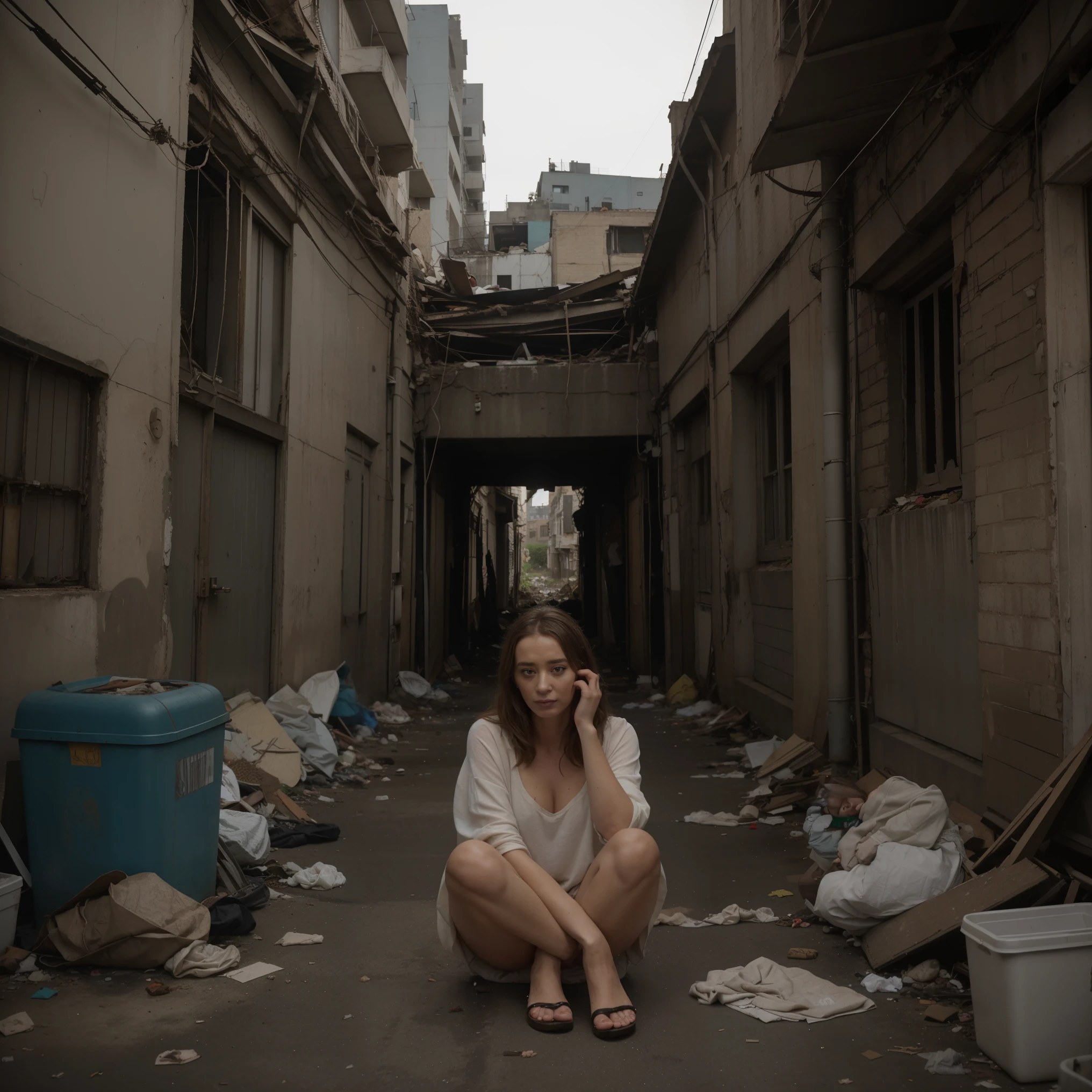 Title: "Emily Blunt: Amidst the Rubble"In the heart of the bustling city, Emily Blunt finds herself seated in a dimly lit alleyway, surrounded by a sea of discarded refuse. The alley is a forgotten corner of the urban landscape, littered with trash and debris that speaks of neglect and decay.Perched upon a mound of garbage, Blunt sits with a quiet grace, her form a striking contrast against the squalor of her surroundings. The stench of decay hangs heavy in the air, mingling with the acrid scent of stale urine and the tang of rotting food.Despite the filth that surrounds her, Blunt remains composed, her expression serene amidst the chaos. Her eyes, bright and clear, betray no hint of revulsion as they scan the alleyway, taking in the sights and sounds of the city that never sleeps.Her clothing, though modest, is immaculately kept, a testament to her innate sense of dignity and poise. Yet even in her pristine attire, she cannot escape the pervasive grime that clings to her skin and clothes, leaving behind a trail of dirt and debris with every movement she makes.As she sits amidst the rubble, Blunt seems almost ethereal—a vision of beauty and grace amidst the desolation of the urban landscape. And though the alleyway may be a forgotten corner of the world, for a fleeting moment, it becomes a stage upon which she shines, a reminder that even in the darkest of places, there is beauty to be found.