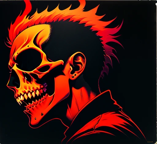 masterpiece, ultra detailed, best quality, uhd, 4k, 8k, scull, mohawk, open mouth, fangs, neck, shoulders, side view, "EXPLOITED  illustration, red and black color palette, simple black background, exploited let's start a war album, an album cover by Greg Staples, reddit, nuclear art, punk album cover, official artwork,