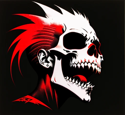 masterpiece, ultra detailed, best quality, uhd, 4k, 8k, scull, mohawk, open mouth, fangs, neck, shoulders, side view, "EXPLOITED illustration, red and black color palette, simple black background, exploited let's start a war album, an album cover by Greg Staples, reddit, nuclear art, punk album cover, official artwork,