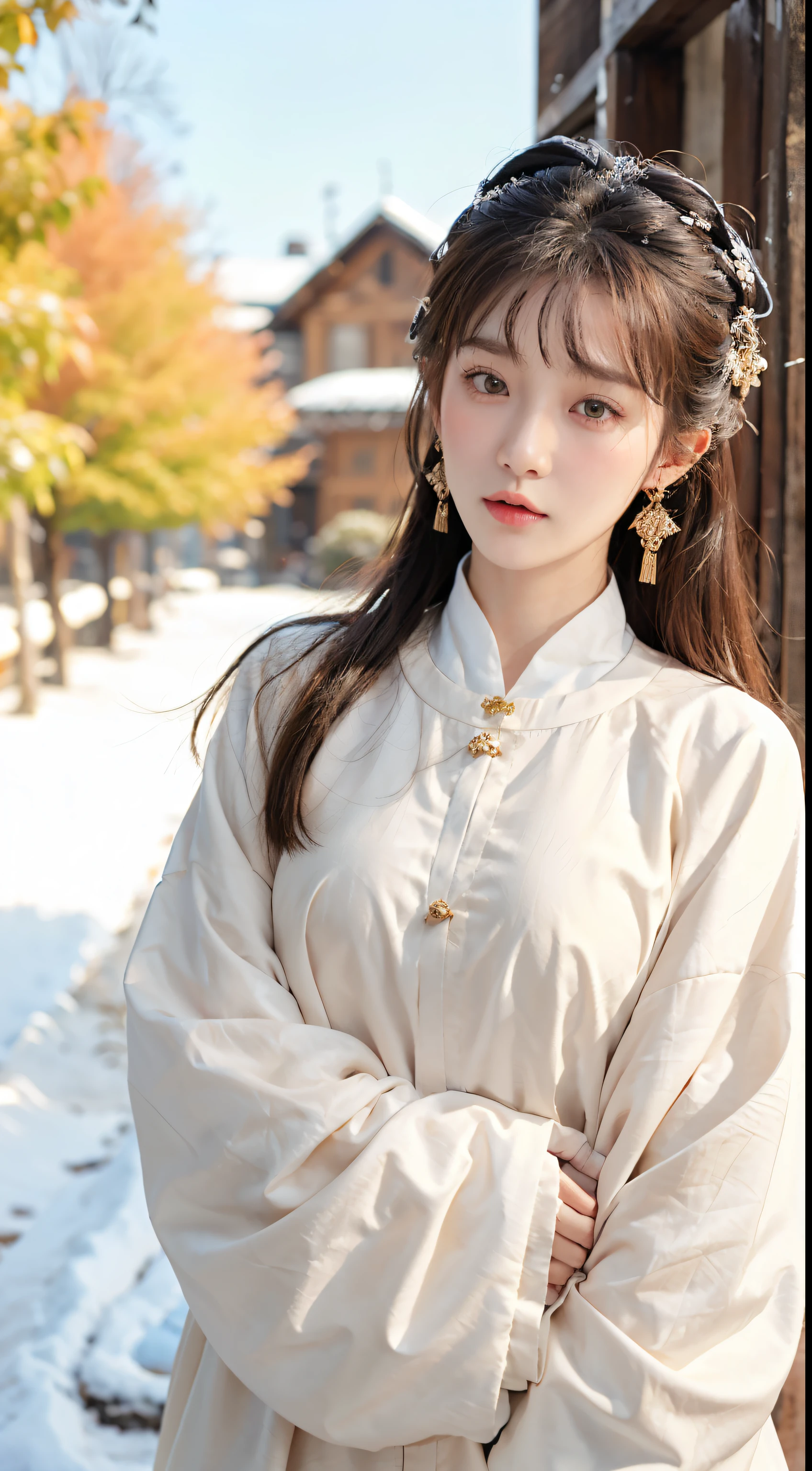 1 girl, only_Tree, Brown_Eye, Brown_hair, architecture, coexist, cross_earrings, earrings, fur, fur prunemed_coexist, fur_collar, fur_scarf, fur_prune, jewelry, lips, shorthair, watching_exist_audience, outdoor, snow, snow, alone, Tree, superior_Body, winter, winter_clothing, detailed_Eye,big deal breasts, Arms together, Chest camera, big deal, ears sticking out, Golden rexistio face, Golden rexistio Body, best quality, ultra high definition, Bangs