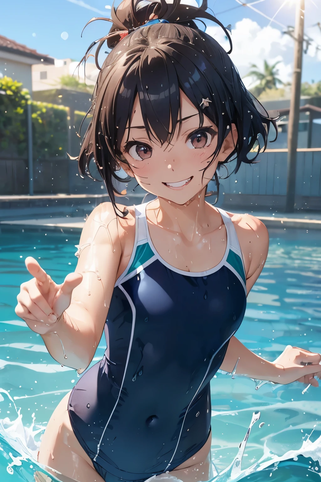(masutepiece:1.1), (Best Quality)，(beautiful artwork)， Teenager girl, 1girl, (School Swimsuit:1.2), onepiece swimsuit,  Wet, Covered navel, Water, Black hair, (Big smile)， Brown eyes, day, Small bust,  (Wet:1.1)，(Water splash:1.1)，The swimsuit is wet，(Lens Flare)，(Tsurime)，(Sweat)，(Bokeh:1.2)，(brown eyes)，cowboy shot，(evil smile)，(NAVY BLUE school-swimsuit:1.3)，sandy beach，arched body，, navy-blue school-swimwear，brown eyes，black hair，dynamic pose，(big smile)，extra long sideburns，short hair，twist waist，running，correct finger，five finger，