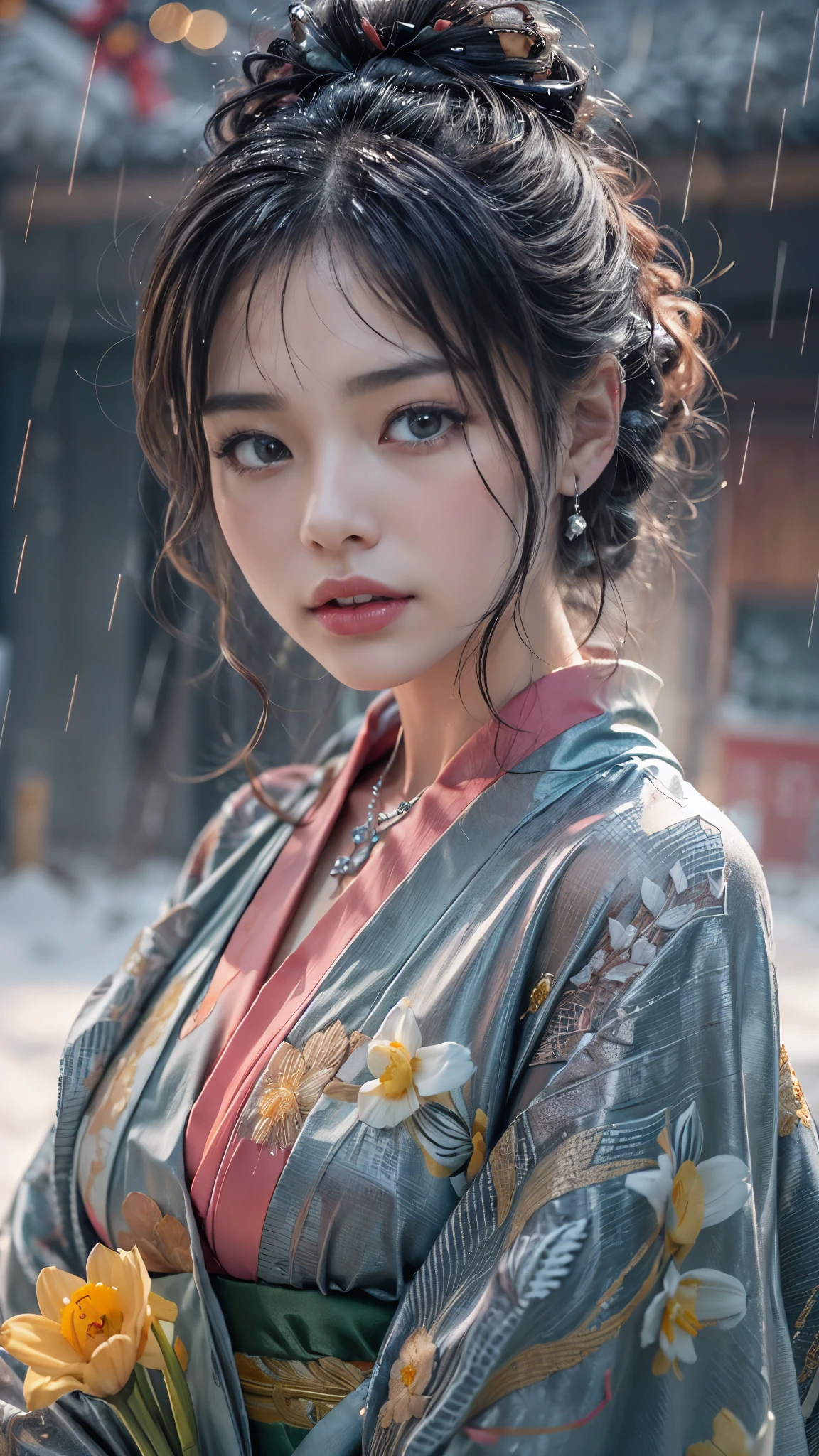 (RAW shooting:1.5, Photorealistic:1.5, 16k, highest quality, masterpiece, Ultra-high resolution), Perfect dynamic composition:1.3, (heavy snow, On a cliff on a precipitous cliff, Great background, Expressions of sadness:0.9), Highly detailed skin and facial textures:1.3, Wet slim woman:1.2, Random Shot, Fair skin:1.2, Mysterious portrait:1.1, Incredibly slim body:1.2, aesthetic:1.1, Very beautiful face:1.2, Water droplets on the skin, (Rain dripping down on my body:1.1, Wet body:1.1, Wet Hair:1.1), (Professional kimono dressing:1.1, With a wet bouquet:1.2, The correct way to wear a wet silver kimono:1.3), (Shapely breasts, Chest gap),  (Beautiful erotic eyes:0.8, Beautiful, erotic lips:0.8), (Too erotic:0.9, Fascinating:0.9), necklace, Earrings, bracelet
