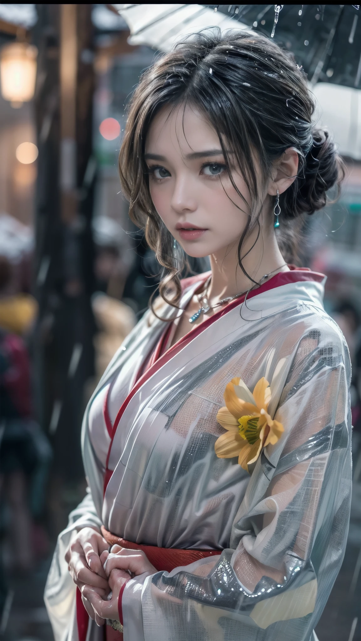 (Photoreal:1.5, 8K, highest quality, masterpiece, ultra high resolution), (((heavy snow, Blizzard))), Highly detailed skin and facial textures:1.3, perfect dynamic composition:1.2, (In front of a shrine at night in a modern city, expression of sadness:1.0, Tears are flowing:1.0, cry with a broken heart:1.0), Slim office lady wet in the rain:1.2, cowboy shot, Fair skin:1.2, sexy beauty:1.1, perfect style:1.2, beautiful and aesthetic:1.1, very beautiful face:1.2, water droplets on the skin, (rain drips all over my body:1.2, wet body:1.2, wet hair:1.3), (Professional kimono dressing:1.1, Bouquet of wet daffodils in hand:1.2, Wearing a wet silver kimono correctly:1.3), (Medium chest, bra is see-through, Chest gap), (Big eyes that exude beautiful eroticism:0.8, adult charm:0.8, Bewitching:0.8), necklace, earrings, bracelet, wedding ring, Highly detailed and accurate hand and finger representation