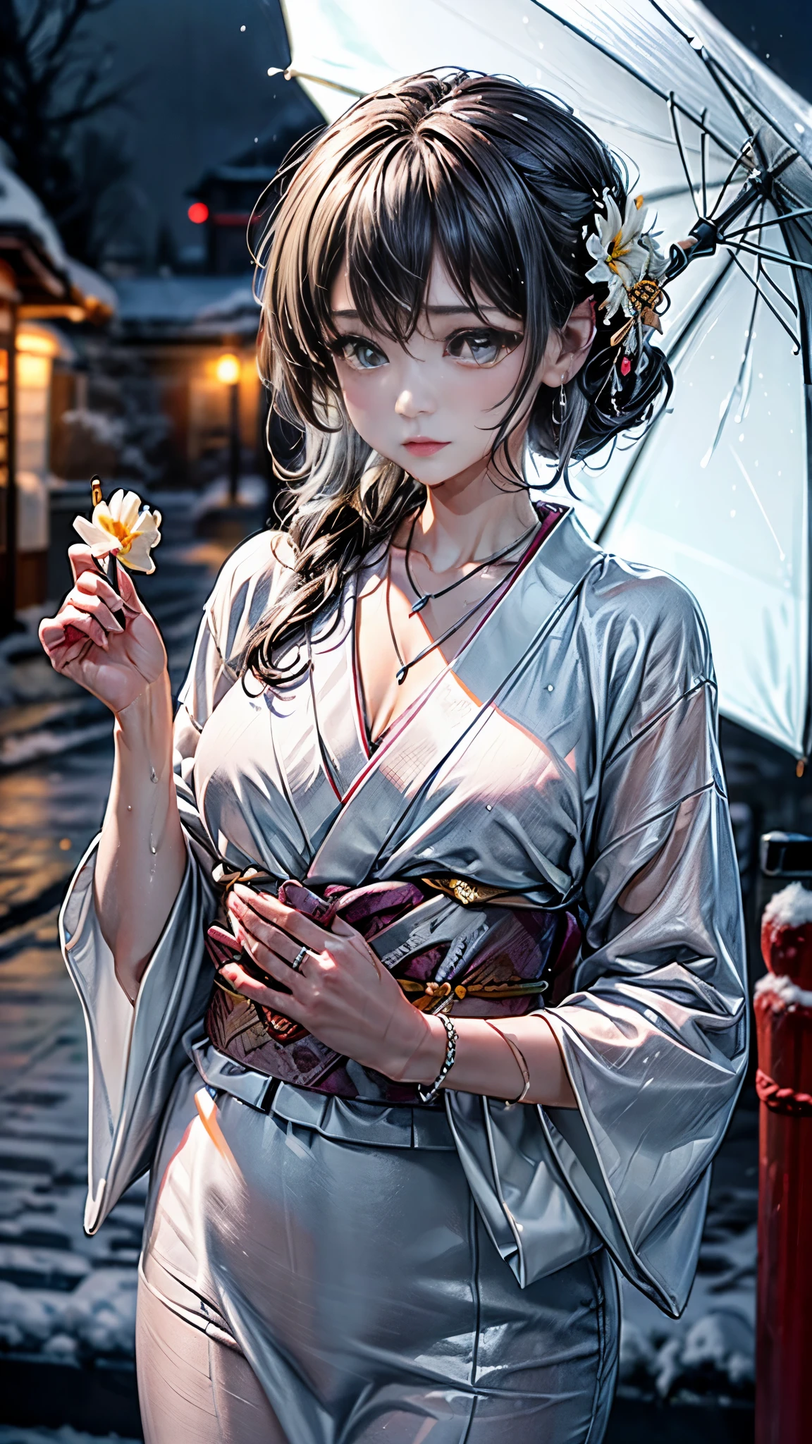 (Photoreal:1.5, 8K, highest quality, masterpiece, ultra high resolution), (((heavy snow, Blizzard))), Highly detailed skin and facial textures:1.3, perfect dynamic composition:1.2, (In front of a shrine at night in a modern city, expression of sadness:1.0, Tears are flowing:1.0, cry with a broken heart:1.0), Slim office lady wet in the rain:1.2, cowboy shot, Fair skin:1.2, sexy beauty:1.1, perfect style:1.2, beautiful and aesthetic:1.1, very beautiful face:1.2, water droplets on the skin, (rain drips all over my body:1.2, wet body:1.2, wet hair:1.3), (Professional kimono dressing:1.1, Bouquet of wet daffodils in hand:1.2, Wearing a wet silver kimono correctly:1.3), (Medium chest, bra is see-through, Chest gap),  (Big eyes that exude beautiful eroticism:0.8, adult charm:0.8, Bewitching:0.8), necklace, earrings, bracelet, wedding ring, Highly detailed and accurate hand and finger representation