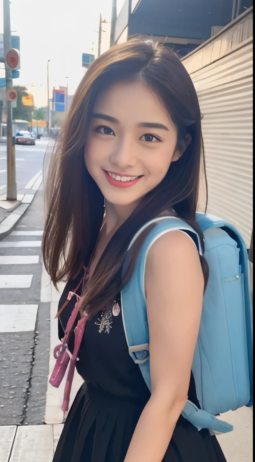 ((Best Quality, 8k, Masterpiece:1.3)), Focus: 1.2, Perfect Body Beauty: 1.4, Buttocks: 1.2, ((Long Hair)), (Wet Clothes:1.1) , ( Street:1.ink bandeau dress: 1.1, Highly detailed face and skin texture, 20 y.o, Detailed eyes, Double eyelids, buttocks, Whitened skin, smile, carries randoseru backpack, (randoseru backpack:1.2)