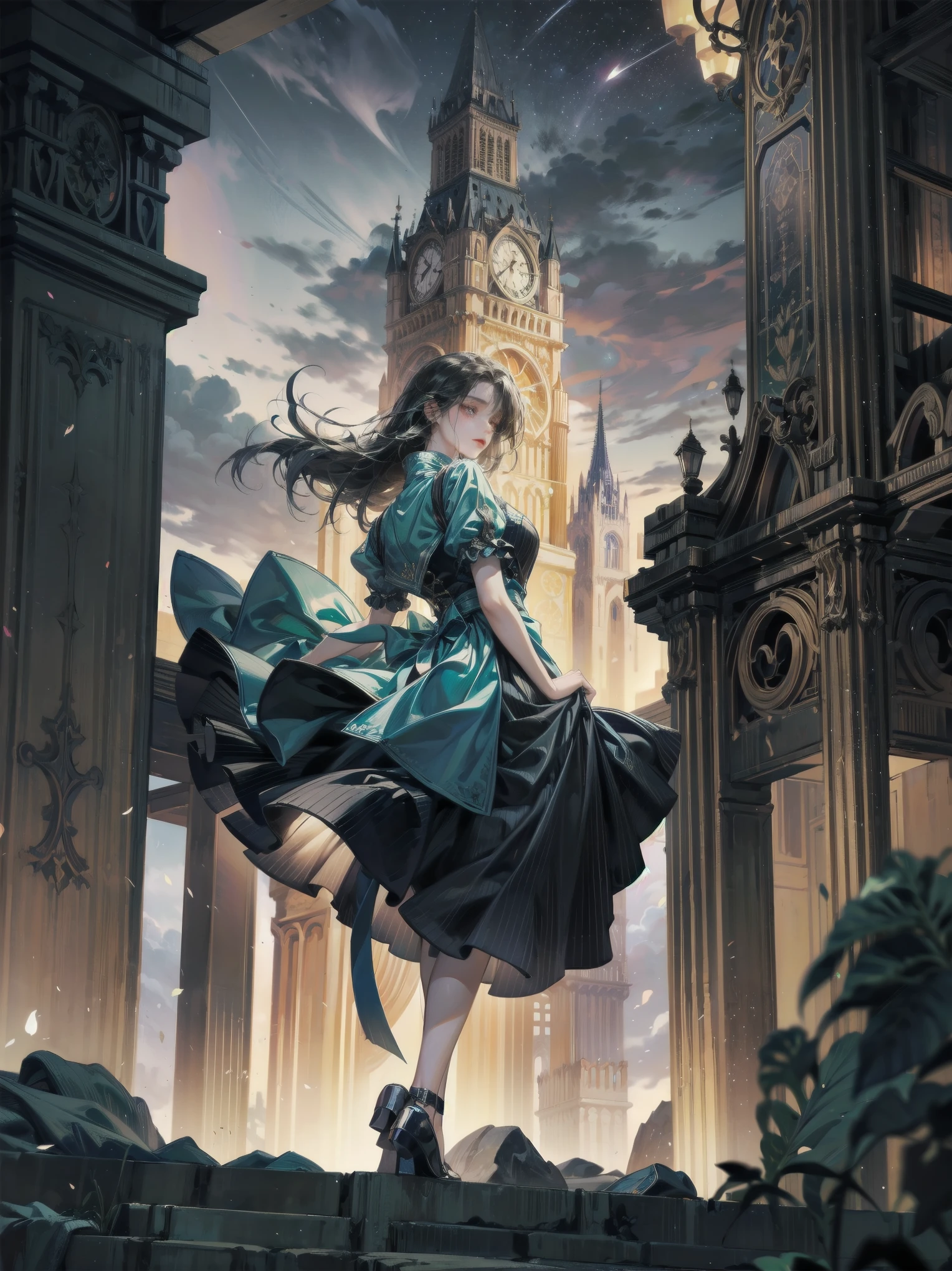Girl looking up Scene 1: Twilight tower shadow The girl stands quietly against the sky, which is dyed an azure colour. Towering up in front of her is a huge structure called the Tower of Babel. Its form, which seems to pierce through the clouds, seems as if it is about to reach the heavens. The girl's gaze is directed towards the top of the tower. The tower, shrouded in evening darkness, creates a fantastic atmosphere. The surface of the tower is engraved with intricate patterns. It looks like ancient writing. The girl seems to sense something deep within the tower. Is it the memory of a masterpiece story or a longing for an unknown fantasy world? Scene 2: Memory of the starry sky The girl stands at the top of the tower amidst countless twinkling stars in the night sky. At her feet, the lights of the city shine like jewels. The girl closes her eyes and takes a deep breath. The scent of the night breeze is mixed with the old smell of the tower. The girl's mind replayed a famous story. It was a story of adventure and friendship that the girl read as a . The hero of the story, like the girl, climbed the Tower of Babel. There, she meets her friends and overcomes various difficulties. The girl dreamed that one day she, like the hero, would go on an adventure. Scene 3: The promise of the morning glow The girl left the tower just as the light of the morning sun was illuminating it. Looking back, the tower shone in the morning sun and even looked divine. The girl decides that one day she will climb this tower again. And when she does, she vows to spin out the rest of the masterpiece's story. Step by step, the girl walked into the future.
