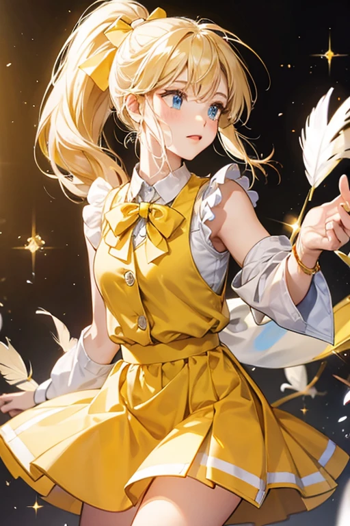 May has white feathers that are generally tied in a high ponytail with a light yellow bow. She wears a light-yellow button up shirt with rolled-up sleeves, a mustard yellow sleeveless sweater vest, and a mustard yellow skirt. SPARKLE; GLITTER
