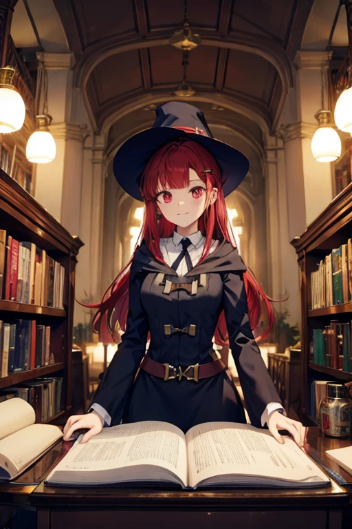 A red haired female witch with red eyes with an hourglass figure in a victorian dress is winking in a library
