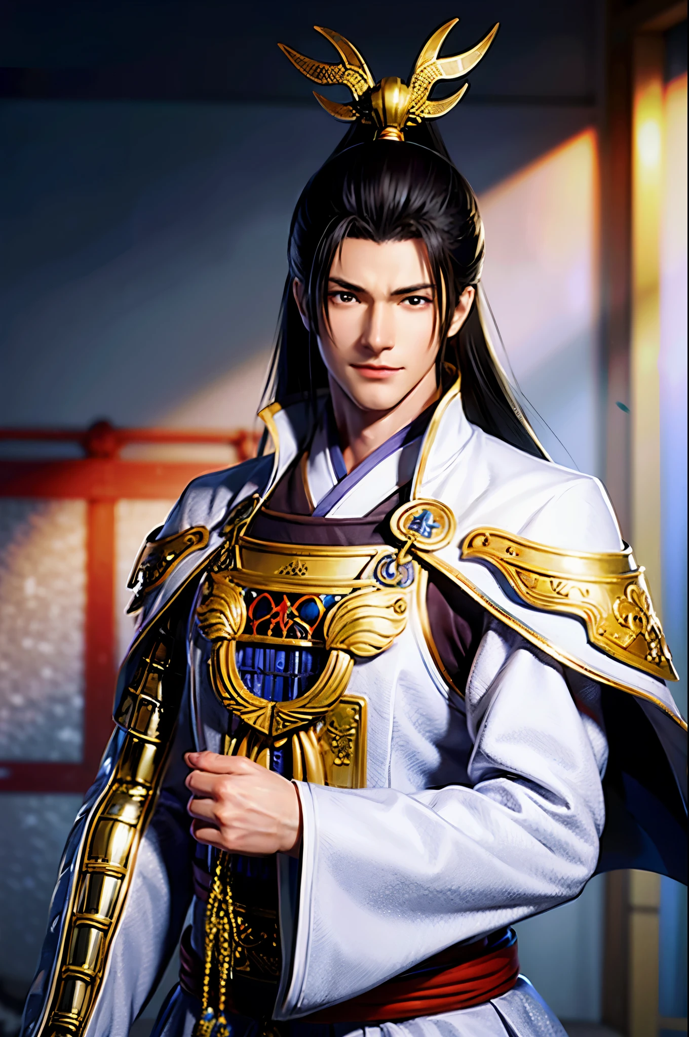 (8K, Raw photo, highest quality, High resolution: 1.2), (realistic, photorealistic: 1.37) , Japan male, Japanese, cape, armor, arms, alone, maleの子1名, white helmet, Silver Sword, male_concentrated, cape, armor, all, alone, wand, gun, facial hair, Holding pole arm, alling arms, Fur trim coat, fur trim boots, alone