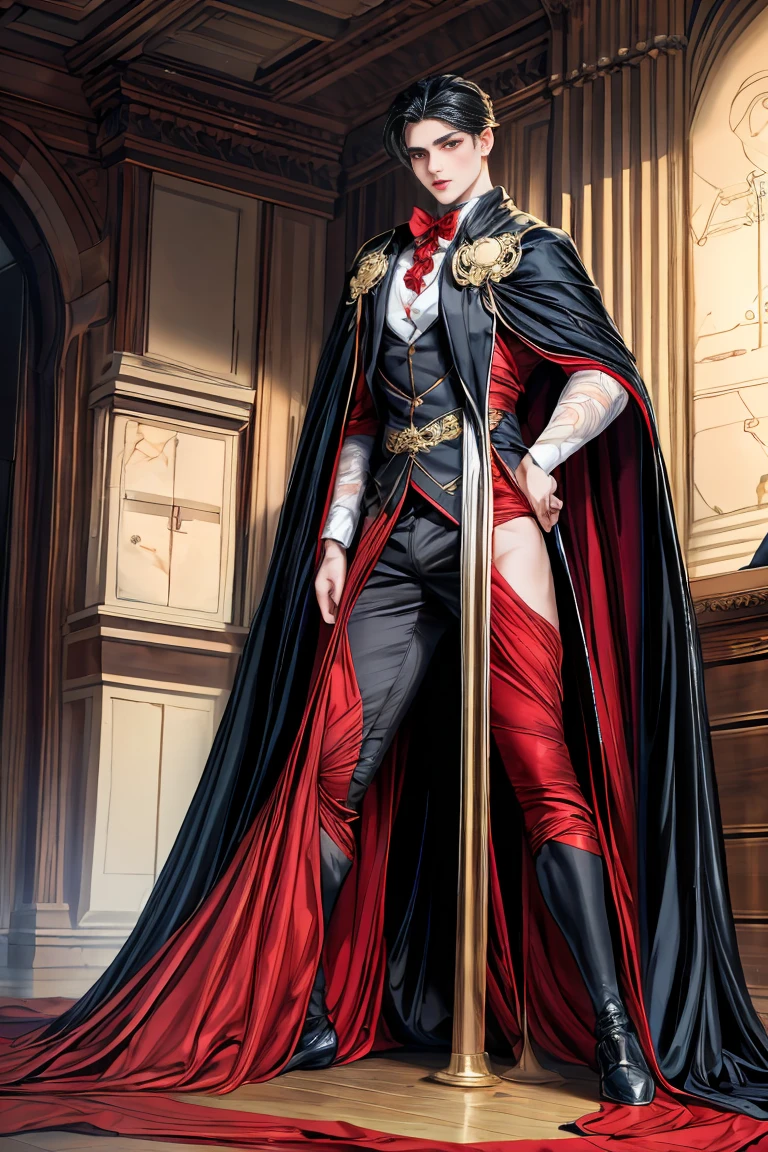masterpiece, 最high quality, high quality, 1 boy, alone, male focus, looking at the viewer, whole body, Winning spirit_destiny, messy black hair, blue adorable big eyes, white people, Noble, Noble, Noble的な吸血鬼、An elegant tuxedo,A very large, very tall stand-up collar, a very large, very long, long cape that reaches down to the floor, made of a lot of fabric, red and black., 17 years old,cute beautiful boy,cute cute handsome boy