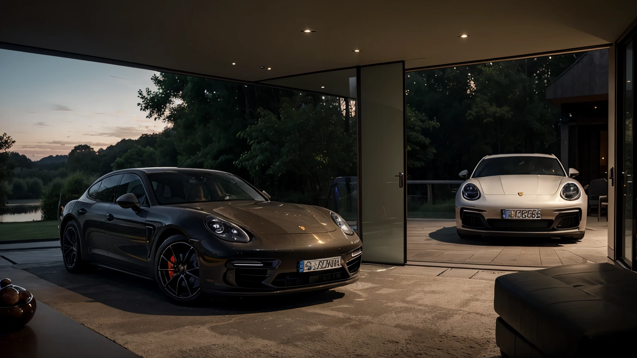 Two Porsche Panamera observed from a living room in a luxury house in the middle of nature at dusk
