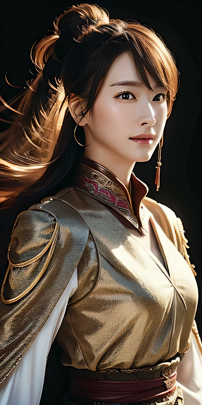realistic, High resolution, soft light,1 female, alone, hip up, glowing skin, (detailed face), chinese armor,