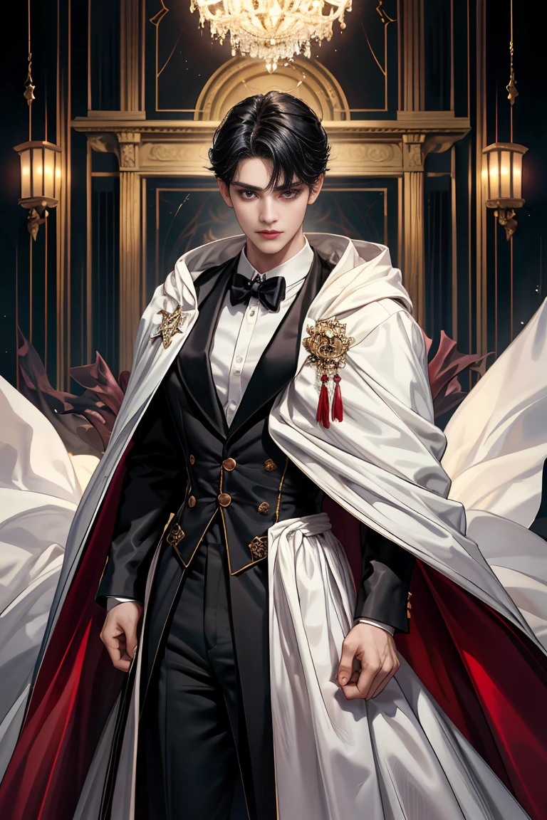 masterpiece, 最high quality, high quality, 1 boy, alone, male focus, looking at the viewer, whole body, Winning spirit_destiny, messy black hair, blue adorable big eyes, white people, Noble, Noble, Noble的な吸血鬼、An elegant tuxedo,A very large, very tall stand-up collar, a very large, very long, long cape that reaches down to the floor, made of a lot of fabric, red and black., 17 years old,cute beautiful boy,cute cute handsome boy