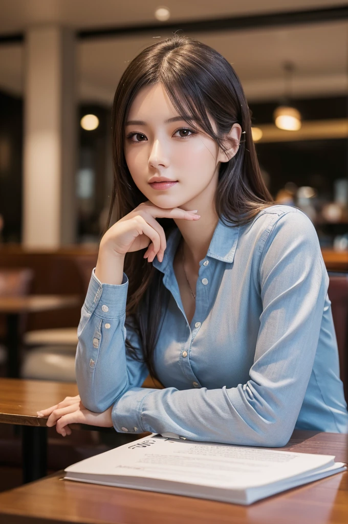 table top, highest quality, realistic, Super detailed, finely, High resolution, 8k wallpaper, 1 beautiful woman,In casual business attire, at the cafe, messy hair, perfect dynamic composition, finelyて美しい目、(((超highest quality, masterpiece))), (((very detailed)))