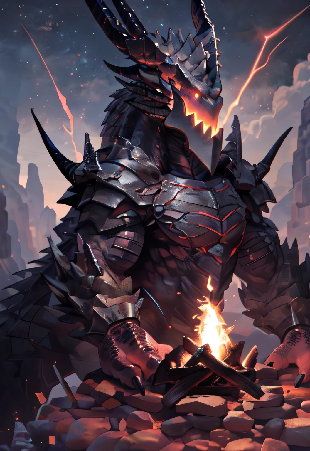 alone, Kanno, (dragon), Humanity, male, ((black body)), scales, Tail, muscle, Handsome, armor, middle Ages, fantasy, outdoor, external, dark, night, forest, campfire, camp, Star, sitting, toe claws, epic, depth of field, perfect lighting, (light particles),(best quality),(masterpiece),(ultra deTailed),sharp focus,light particles