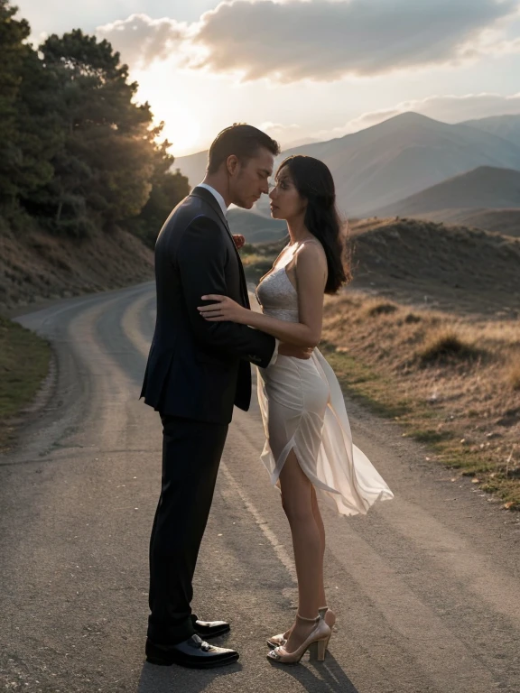 original photo,depth of field,dramatic,Inspired by the 007 movie,(Real movie stills:1.3),007 movie style,(best quality, high resolution:1.2), perfect composition,Super detailed details, (actual、lifelike、Realism:1.3), at sunset,spectacular cloud formations,top of mountain,Full body female love,Tall man,sexy woman,((1名女人和2名Tall man在一起)), The woman's hair is very messy,Woman wearing intricate evening dress,hollow,pattern,badge,Torn evening gown,sexy cleavage,Threatening atmosphere,007 atmosphere, Threatening atmosphere,Agent atmosphere, close up, Perfect body,性感的long legs,long legs,Highly detailed facial details, real background,background是top of mountain,Stills from the real 007 movie,Movie plot,(sharp focus:1.2), Very detailed, (lifelike:1.4), (The original image, 8K high resolution:1.2), RAW candid movies, 16 mm, Color graded Portra 400 film, Surreal, subsurface scattering, Ray tracing, (Volumetric lighting),The woman is soaked all over,((Behind the woman stood two other men in suits.)),2 men hugging woman's cleavage from behind,Torn skirt