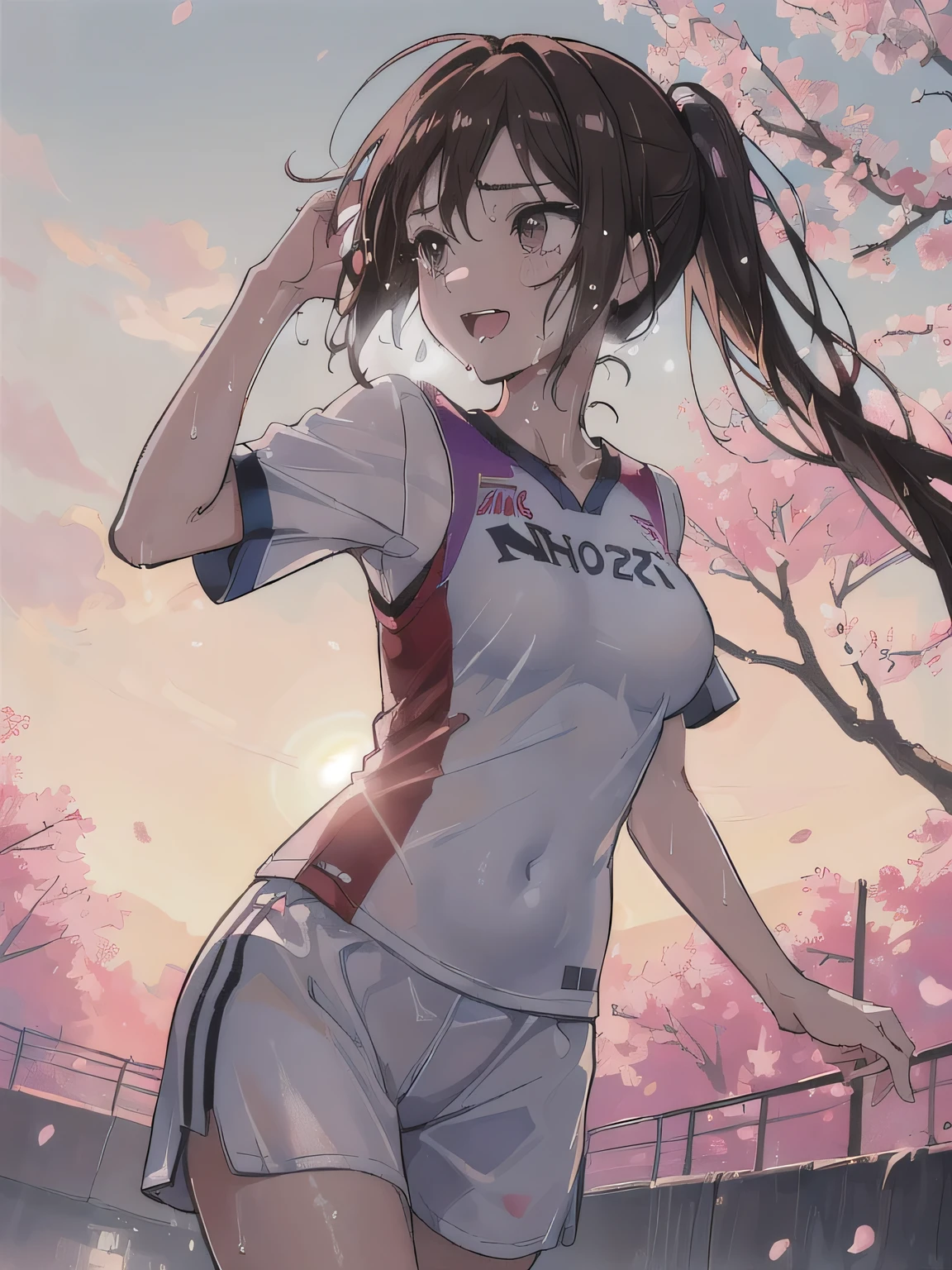 ((absurdres:1.5)), (anatomically correct), (wet basketball uniform), (raw photo:1.2), (photorealistic:1.4), 1 cute running girl, ultimate quality, masterpiece, extremely detailed CG unity 8k wallpaper, ultra-detailed, detailed puffy eyes and face, brown shiny eyes, (spotlight, perfect lighting, detailed light, dramatic shadow, ray tracing), ((cowboy shot)), (brown low ponytail), (((body dripping with sweat))), gross thick lips, mega breasts, slender, ((:d)), digital painting, (fisheye), low angle from sidefron, blurring cherry blossom scenery background, looking away, windy, revealing clothes, rainbow effect, (baby face), teenager, golden hour, sunset