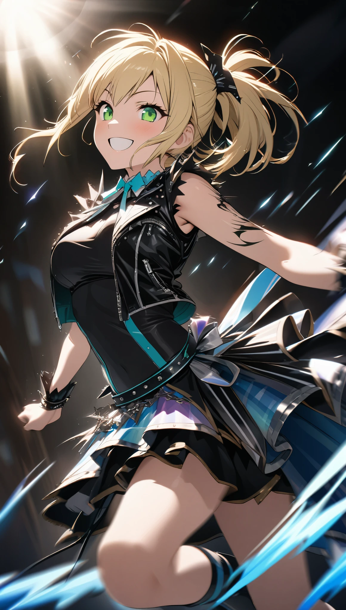 best quality, super fine, 16k, incredibly absurdres, extremely detailed, beautiful idol girl, smiling face, blonde short ponytail, green eyes, wearing punk fashion style idol uniform, background iridescent fantastic and mysterious, fantasy world images, motion-blur, action-lines, speed-lines, spotlighting like sunshine