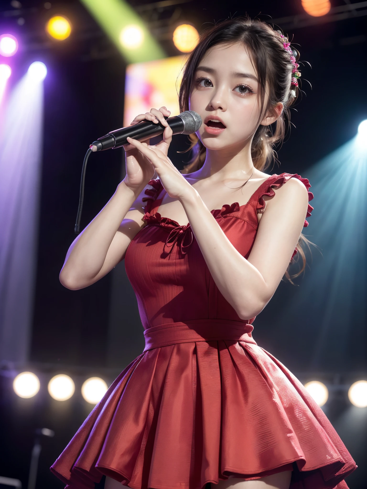(High level image quality、high quality、High resolution、detailed、8k、masterpiece), shikamimi,, Purple-red fluttering costume、28 years old、rorish, perform on stage, concert photos, cute core、(((watching the audience)))、Very beautiful and beautiful female idol, (Japanese、round face、big eyes、drooping eyes)、singing at live stage , singing scene, ((Brightly colored dresses)), Warm light、(anatomically correct)、(perfect body proportions)、(natural hands、natural fingers)