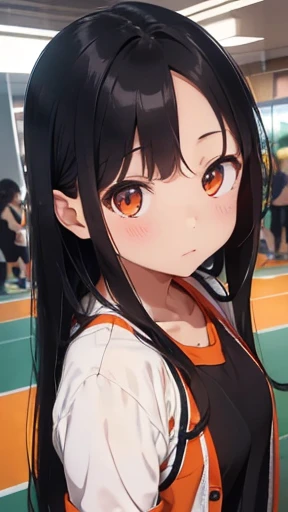 highest quality、realistic、Japanese、girl、whole body、look at the camera、cute、orange eyes、long hair、black hair、all back、Forehead is coming out、playground、Jersey、Gym suit、arms folded、Standing in honor