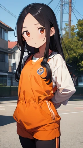 highest quality、realistic、Japanese、girl、whole body、look at the camera、cute、orange eyes、long hair、black hair、all back、Forehead is coming out、playground、Jersey、Gym suit、arms folded、Standing in honor