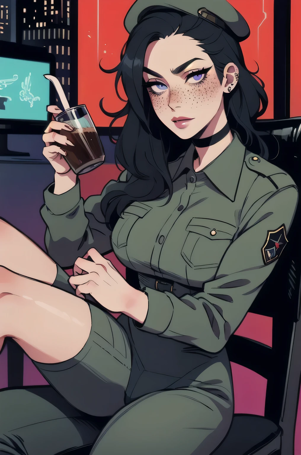 [Masterpiece] one character only, rim red light, anime style, semi-realistic, city background, purple, red, ((best quality)) 8K, [[1girl, solo]], single, dynamic pose, drinks coffee, sitting on a chair, mature, complex military uniform, [[single]], military, long curl hair, shadows on her face, [gun], contemporary, adult, claws, thirty years old, long black hair, beret, ultra detailed grey eyes, ((perfect face)) redness, beauty spot, freckles, deep expression, snake eyes, very long eyelashes, piercing gaze, ((perfect anatomy)), lipstick, mysterious, eerings, night