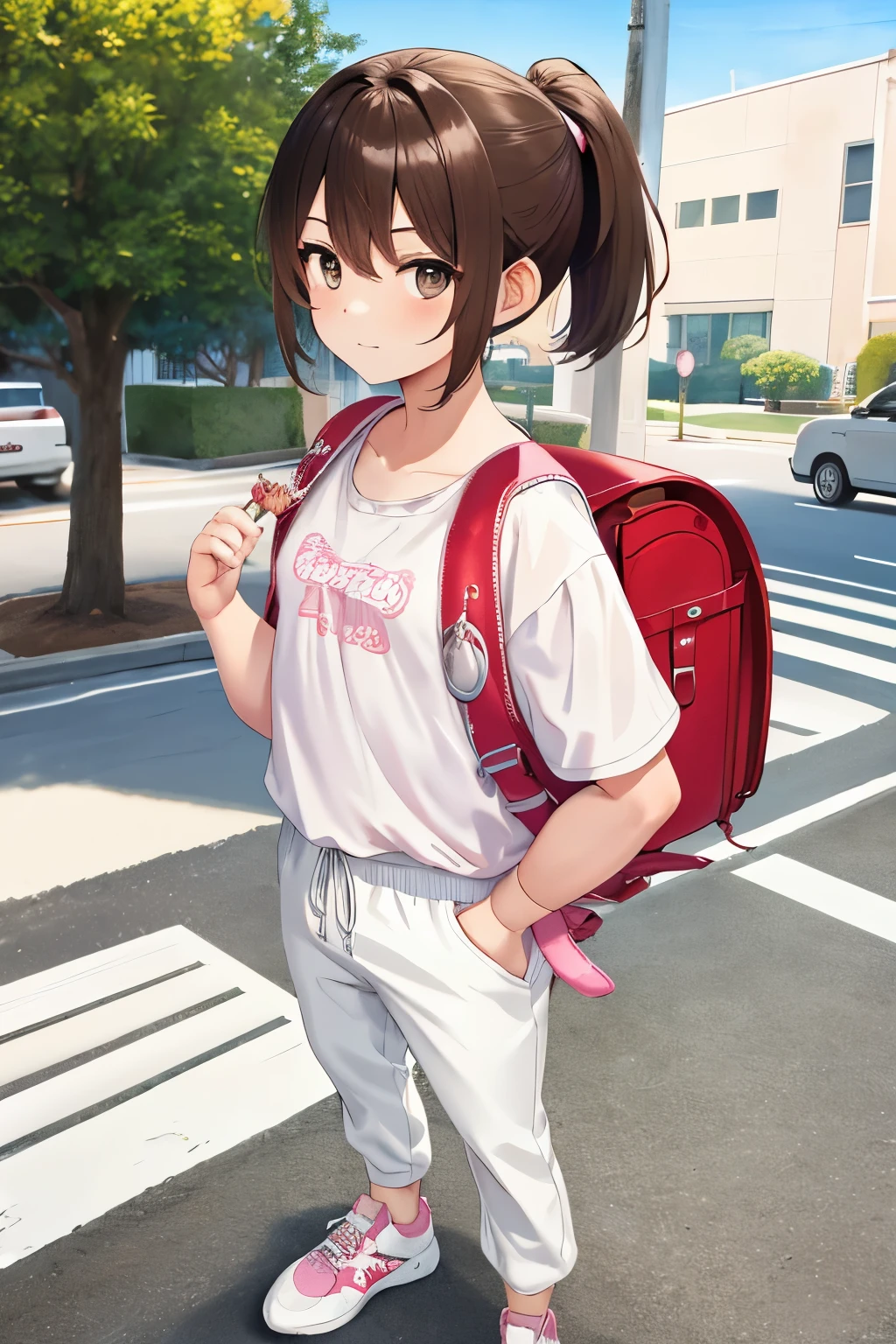 Masterpiece, Best Quality, Hd, 1 Girl, Solo, small Breasts, Brown Hair, Brown Eyes, Short Hair, ponytail, Hair Between Eyes, Floating Hair, wear pink hoddies, white trousers, standing, wear sneakers, fullbody, wearing backpack, school backpack, (backpack:1.1), sunlight, daytime, park