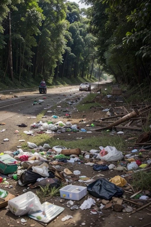 The image shows a landfill, a place where garbage is deposited, com um aspecto desolado e triste. Heaps of waste pile up, forming a disordered and polluted landscape. Garbage spreads to the edge of a nearby stream, which is full of debris and pollution.
No centro da imagem, a tractor is pushing a pile of garbage into the landfill. The machine seems small compared to the enormity of the accumulated waste. Dark, nauseating smoke emerges from the trash, symbolizing environmental deterioration caused by untreated waste.
Ao fundo, a dense forest is visible, contrastando com a tristeza do aterro. No entanto, even in this green area, animals and birds are present, consumindo o lixo despejado. This illustrates the negative impact of inappropriate waste disposal on wildlife, who is forced to look for food amidst dangerous and non-biodegradable materials.
Embora a imagem seja sombria, it serves as an impactful reminder of the problems faced by society in relation to waste management and environmental preservation. fazer imagem em desenho.