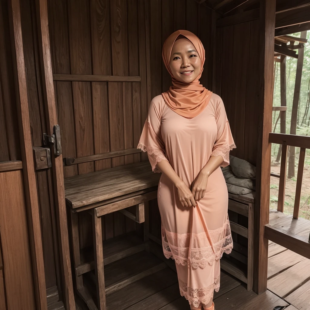 A 52 years old Indonesian woman in peach color hijab, wearing peach color lace tight t-shirt, wearing peach color lace panties, darker skin, curvier body, short body, smiling and standing in the old wooden cabin in a forest, look to the viewer with eye close