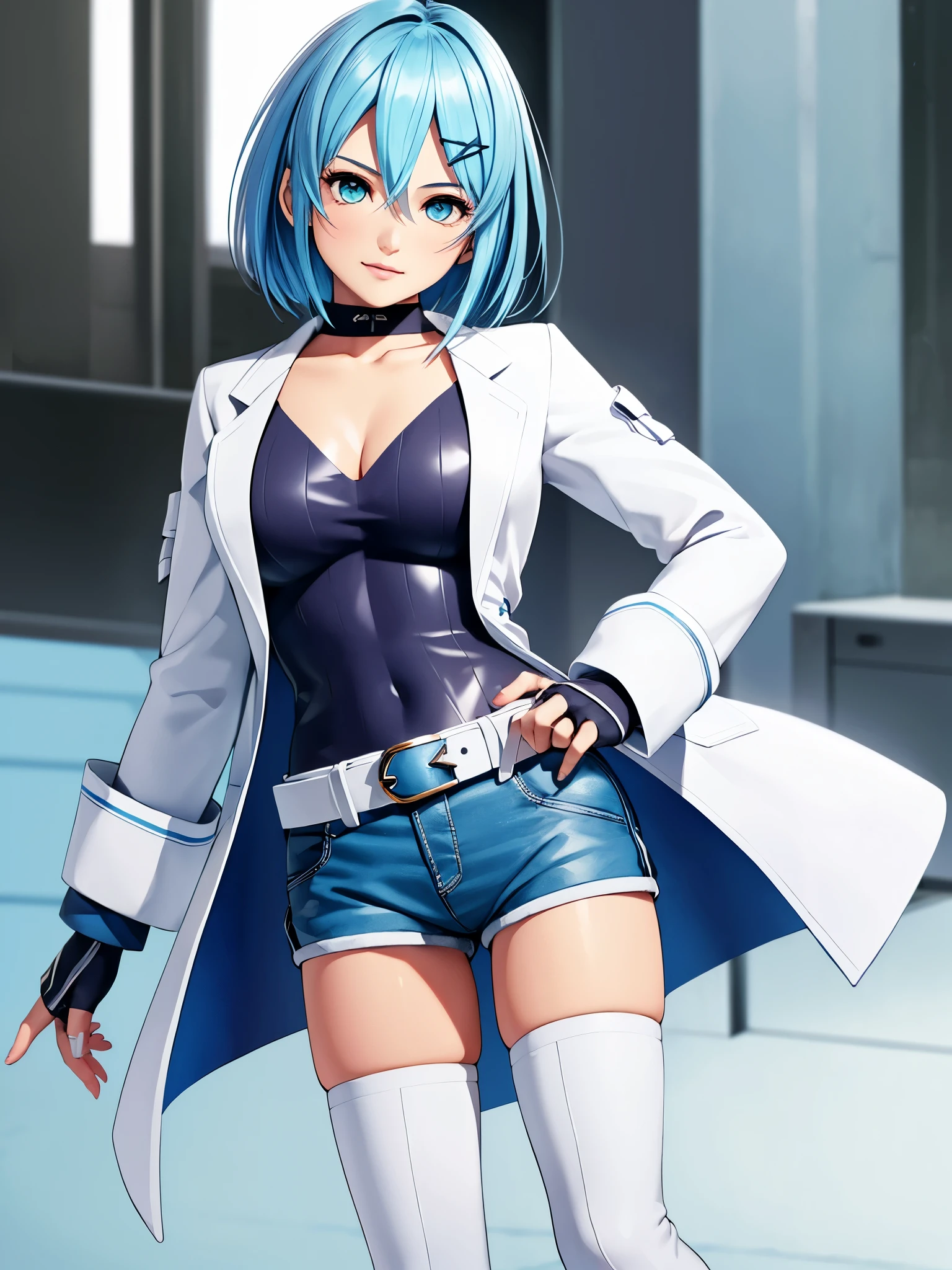 (1girl,solo),(nico),blue hair,blue eyes,white long coat,blue shorts,thigh,white boots,blue fingerless gloves,glass,ultra-detailed,sharp focus,aesthetic,(best quality)