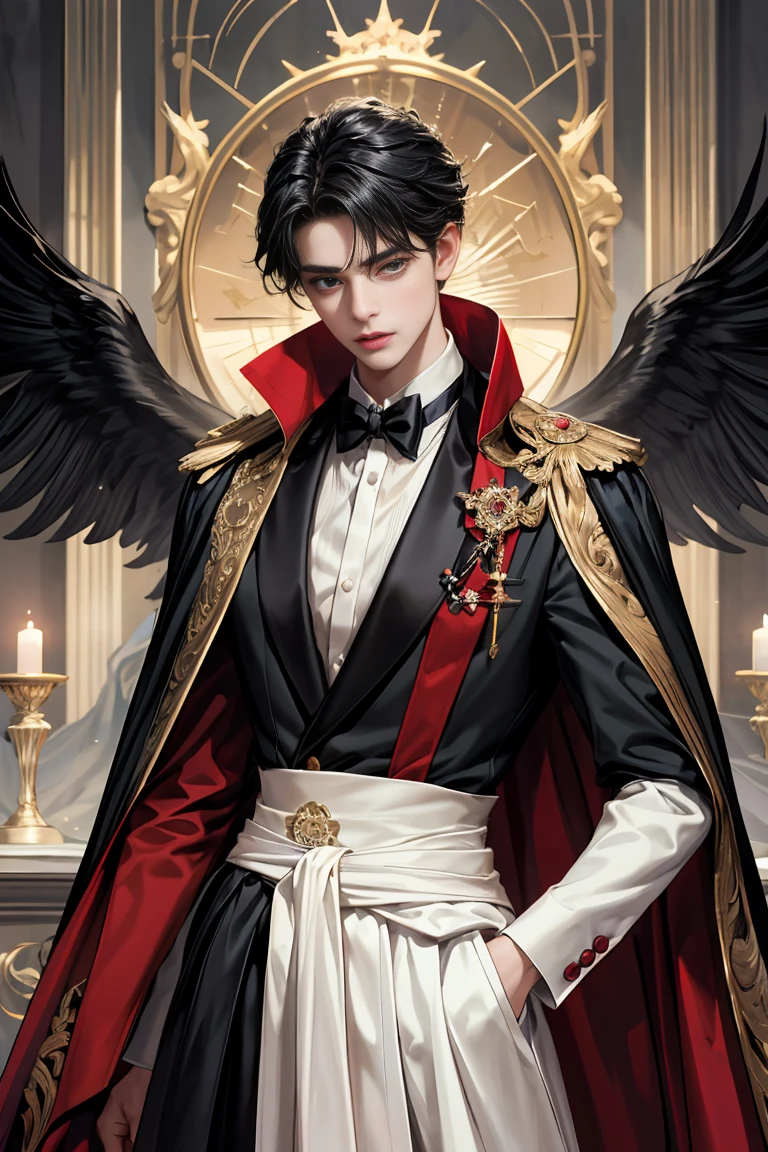 masterpiece, 最high quality, high quality, 1 boy, alone, male focus, looking at the viewer, whole body, Winning spirit_destiny, messy black hair, blue adorable big eyes, white people, Noble, Noble, Noble的な吸血鬼、An elegant tuxedo,A very large, very tall stand-up collar, a very large, very long, long cape that reaches down to the floor, made of a lot of fabric, red and black., 17 years old,cute beautiful boy,cute cute handsome boy