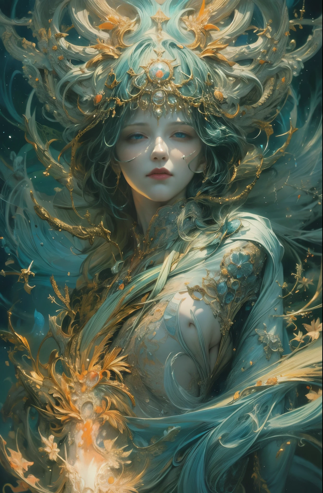spirit of flame, hestia, Goddess of Flame, The Beginning Flame, sacred, dignity, Majestic, 4K fantasy art, Written by Gene Jay., fantasy art style, 2. 5D CGI Anime Fantasy Artwork, epic fantasy art style hd, Epic fantasy digital art style, detailed fantasy art, Detailed digital 2D fantasy art, Luan Jia and Artgerm, 8K fantasy art, sharp outline, very fine and beautiful eyes, Beautiful and delicate blue eyes, pretty much beautiful face, unparalleled beauty, masterpiece, highest quality, perfect angle, perfect composition, best shot, official art, cinematic light, very beautiful and fantastic scenery, chivalry dream, sense of presence, Michael'S letter, Christoph Huge 、Ultra-precision coating, luminism, art by Carne Griffiths and What a bone concept art, 4K resolution, Fractal isometricdetailed bioluminescence , 3D rendering, octane rendering, intricately detailed , cinematic, Trending isometric surreal cover photos、art station'amazing full color, handwritten, Defining a hit , cinematic,amazing background, abstract beauty,stand, approaching perfection, pure form, golden ratio, minimalistic, unfinished, concept art, Written by Brian Froud、khan griffith、What a bone、john william waterhouse, intricate details, 8K post production, High resolution, hyper detail, art stationのトレンド, studio photography, intricate details, Very delicate and detailed painting style, Beautiful painting art, greg latkowski, Close-up, female solo