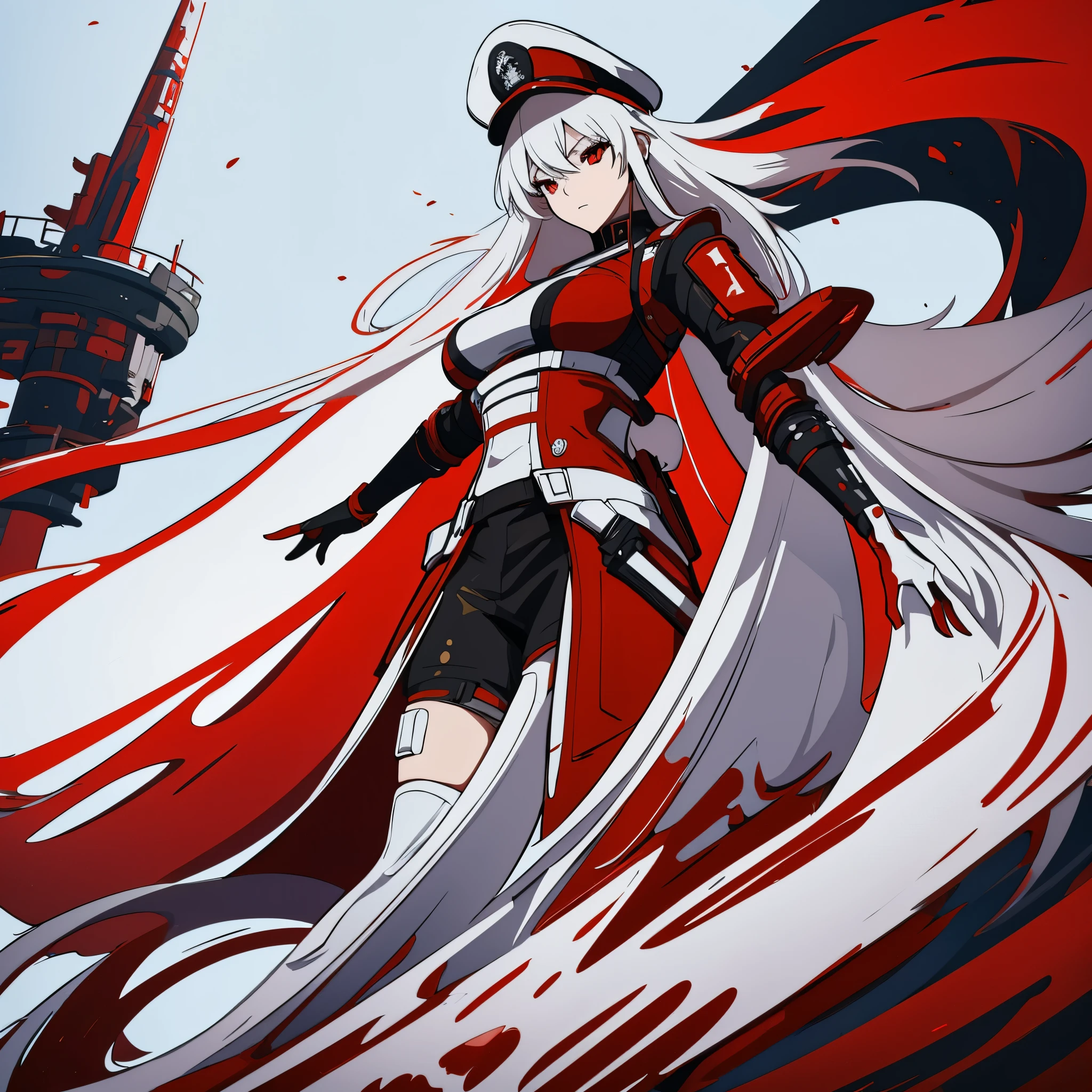 A woman in red and black samurai clothing with gold details, silver hair, one red eye, one black eye, white military hat with red details, on a white futuristic platform, large breasts, sky with stars, various background structures,very detailed, ultra resolution, masterpiece. 8k hd
