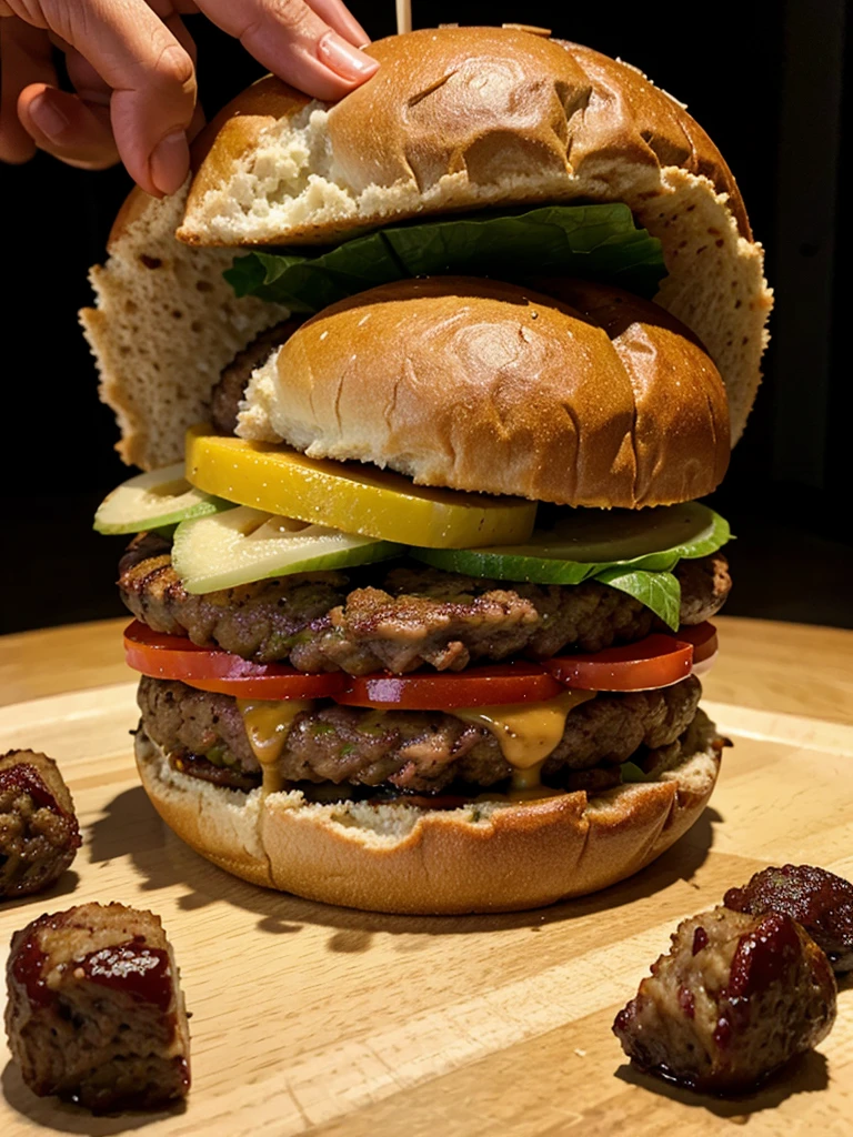Realistic image a big burger with juicy appearance being taken by a tiny man 