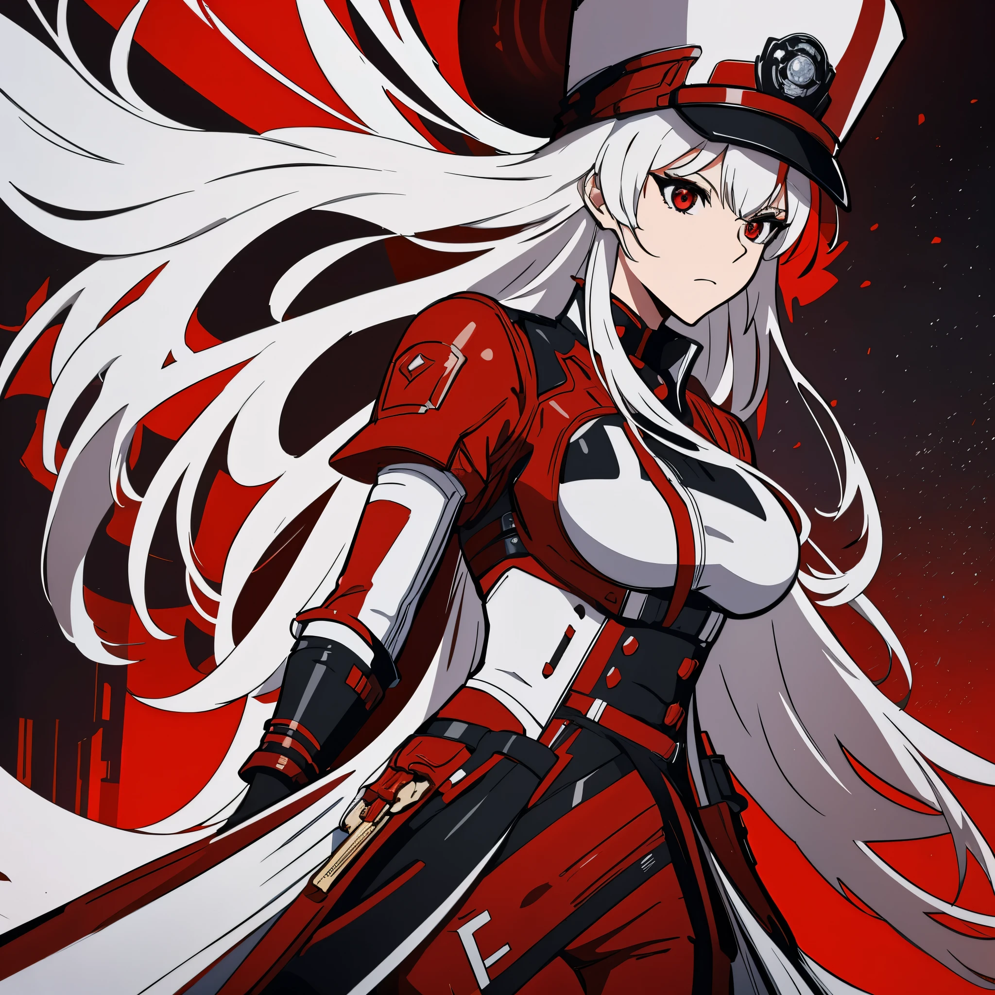 A woman in red and black samurai clothing with gold details, silver hair, one red eye, one black eye, white military hat with red details, on a white futuristic platform, large breasts, sky with stars, various background structures,very detailed, ultra resolution, masterpiece. 8k hd
